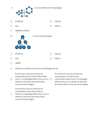 9. Es una combinacion de topologias
A ESTRELLA B ANILLO
C BUS D MALLA
E HÍBRIDA O MIXTA
10. ¿Cual es esta topologia?
A ESTRELLA B ANILLO
C BUS D MALLA
E ARBOL
11. Seleccione la definición correcta de topologías de red
A
Es la forma en que se conectan las
computadoras para intercambiar datos
entre sí. La topología define cómo se va a
diseñar la red tanto de manera física,
como de manera lógica.
B
Es la forma en que se conectan las
computadoras a internet para
intercambiar datos entre sí. La topología
define cómo se va a diseñar la red tanto
de manera física, como de manera lógica.
C
Es la forma en que se conectan las
computadoras para enviar datos a
internet. La topología define cómo se va a
diseñar la red tanto de manera física,
como de manera lógica.
 