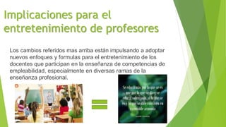 Implicaciones para el
entretenimiento de profesores
Los cambios referidos mas arriba están impulsando a adoptar
nuevos enfoques y formulas para el entretenimiento de los
docentes que participan en la enseñanza de competencias de
empleabilidad, especialmente en diversas ramas de la
enseñanza profesional.
 