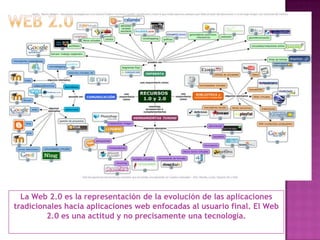 La Web 2.0 es la representación de la evolución de las aplicaciones
tradicionales hacia aplicaciones web enfocadas al usuario final. El Web
         2.0 es una actitud y no precisamente una tecnología.
 