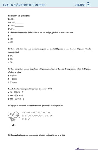 EVALUACIÓN TERCER BIMESTRE GRADO:3
7
10. Resuelve las operaciones
45 – 23 = __________
35 – 12 = __________
46 – 23 = __________
67 – 21 = __________
11. Martha quiere repartir 13 chocolates a sus tres amigas, ¿Cuánto le toca a cada una?
a. 4
b. 4 1/3
c. 4 1/6
12. Carlos está ahorrando para comprar un juguete que cuesta 320 pesos, si tiene ahorrado 60 pesos, ¿Cuánto
dinero le falta?
a. 250.
b. 260.
c. 230.
13. Clara compró un paquete de galletas a 25 pesos y una leche a 13 pesos. Si pagó con un billete de 50 pesos,
¿Cuánto le sobra?
a. 38 pesos
b. 17 pesos
c. 12 pesos.
14. ¿Cuál es la descomposición correcta del número 2935?
a. 200 + 900 + 30 + 5
b. 2000 + 90 + 30 + 5
c. 2000 + 900 + 30 + 5
15. Agrupa en montones de tres las semillas y completa la multiplicación
____ x 3 = _____
16. Observa la etiqueta que corresponde al jugo y contesta lo que se te pide
 