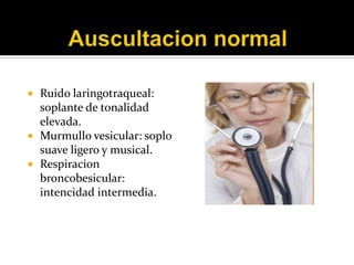    Ruido laringotraqueal:
    soplante de tonalidad
    elevada.
   Murmullo vesicular: soplo
    suave ligero y musical.
   Respiracion
    broncobesicular:
    intencidad intermedia.
 