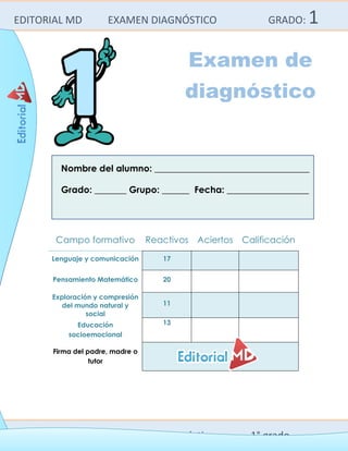 EDITORIAL MD EXAMEN DIAGNÓSTICO GRADO: 1
Editorial MD Examen diagnóstico 1° grado
Nombre del alumno: __________________________________
Grado: _______ Grupo: ______ Fecha: __________________
Campo formativo Reactivos Aciertos Calificación
Lenguaje y comunicación 17
Pensamiento Matemático 20
Exploración y compresión
del mundo natural y
social
11
Educación
socioemocional
13
Firma del padre, madre o
tutor
Examen de
diagnóstico
 