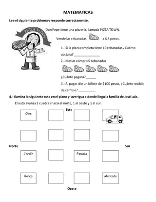 MATEMATICAS
Lee el siguiente problemay responde correctamente.
Don Pepe tiene una pizzería, llamada PIZZA TOWN,
Vende las rebanadas a $ 8 pesos.
1.- Si la pizza completa tiene 10 rebanadas ¿Cuánto
costara? _______________
2.- Matías compro 5 rebanadas
¿Cuánto pagara?______
3.- Al pagar dio un billete de $100 pesos, ¿Cuánto recibió
de cambio? __________
4.- Ilumina la siguiente rutaenel plano y averiguaa donde llegola familia de José Luis.
El auto avanza 2 cuadras hacia el norte, 1 al oeste y 1 al sur.
Este
Norte Sur
Oeste
Cine
Jardín
Banco Mercado
Escuela
 