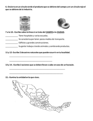 6.-Encierraenun círculoverde el productoque se obtiene del campo y en un círculorojoel
que se obtiene de la industria.
7 a la 10.- Escribe sobre lalíneasi se trata del CAMPO ola CIUDAD.
____________ Tiene hospitales y varias escuelas.
____________ Se caracteriza por tener pocos medios de transporte.
____________ Edificios y grandes construcciones.
____________ Su gente trabaja criando animales y sembrando productos.
11 y 12- Escribe 2 desastres naturales que puedenocurrir entulocalidad.
_________________________________________
_________________________________________
13 y 14.- Escribe 2 acciones que se debenllevar a cabo encaso de un huracán.
_____________________________________________________
___________________________________________________
15.- Ilumina la entidadenla que vives.
 