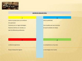 MATRIZ DE ANALISIS FODA.


                          F                                                     O
Somos un grupo joven con ambicion                      Ante la publicidad
de superacion
Contamos con un lugar estrategico                      Con el publico por que necesitan
Nuestros clientes son variados, es                     de oportunidades de trabajo
decir de diferentes profesiones.




                          D                                                     A


La falta de experiencia                                La competencia es muy dura


El poco tiempo del negocio                             La tecnologia crece mucho
 