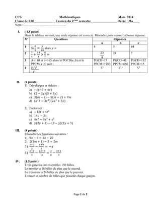 Page 1 de 2
CCS Mathématiques Mars 2014
Classe de EB7 Examen du 𝟐é𝒎𝒆
semestre Durée : 2hs
Nom :…………………………………..
I. ( 1.5 point)
Dans le tableau suivant, une seule réponse est correcte. Résoudre puis trouver la bonne réponse.
𝑵° Questions Réponses
a b c
1 Si
8
5
=
𝑦
40
alors 𝑦 = 8 5 64
2 7
4
+
14
4
×
8
7
= 23
4
24 7
3 A=180 et b=165 alors le PGCD(a ;b) et le
PPCM(a ;b) sont :
PGCD=15
PPCM=1980
PGCD=45
PPCM=660
PGCD=132
PPCM=15
4 (5²)⁴
5³
= 5³ 5¹¹ 5⁵
II. (4 points)
1) Développer et réduire :
a) – 𝑥(−3 + 4𝑥)
b) (2 − 3𝑦)(5 + 3𝑦)
c) 3(𝑚 − 2) − 5(𝑚 + 2) + 7𝑚
d) (𝑎2
𝑏 − 3𝑥2)(2𝑎3
+ 5𝑥)
2) Factoriser :
a) −12𝑡 + 4𝑡³
b) 14𝑢 − 21
c) 4𝑥6
− 9𝑥³ + 𝑥²
d) 𝑦(2𝑦 + 3) − (3 − 𝑦)(2𝑦 + 3)
III. (4 points)
Résoudre les équations suivantes :
1) 9𝑥 − 8 = 3𝑥 − 20
2) 2(3𝑚 + 1) − 5 = 2𝑚
3)
𝑥+2
2
−
𝑥+9
3
= −𝑥
4)
𝑥−1
3
−
2𝑥−3
2
=
𝑥
6
−
𝑥+1
3
IV. (1.5 point)
Trois garçons ont ensembles 150 billes.
Le premier a 18 billes de plus que le second.
Le troisième a 24 billes de plus que le premier.
Trouver le nombre de billes que possède chaque garçon.
 