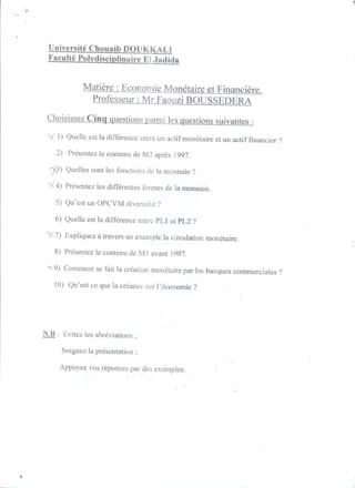 Examen economie monétaire 2