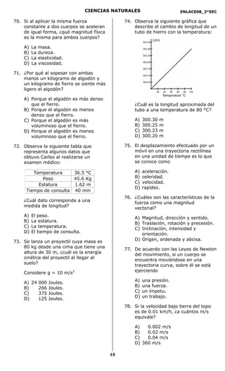 CIENCIAS NATURALES                     ENLACE08_3°SEC

70. Si al aplicar la misma fuerza               74. Observa la siguiente gráfica que
    constante a dos cuerpos se aceleran             describe el cambio de longitud de un
    de igual forma, ¿qué magnitud física            tubo de hierro con la temperatura:
    es la misma para ambos cuerpos?

    A)   La masa.
    B)   La dureza.
    C)   La elasticidad.
    D)   La viscosidad.

71. ¿Por qué al sopesar con ambas
    manos un kilogramo de algodón y
    un kilogramo de fierro se siente más
    ligero el algodón?

    A) Porque el algodón es más denso
       que el fierro.                               ¿Cuál es la longitud aproximada del
    B) Porque el algodón es menos                   tubo a una temperatura de 80 °C?
       denso que el fierro.
    C) Porque el algodón es más                     A)   300.30   m
       voluminoso que el fierro.                    B)   300.25   m
    D) Porque el algodón es menos                   C)   300.23   m
       voluminoso que el fierro.                    D)   300.20   m

72. Observa la siguiente tabla que              75. El desplazamiento efectuado por un
    representa algunos datos que                    móvil en una trayectoria rectilínea
    obtuvo Carlos al realizarse un                  en una unidad de tiempo es lo que
    examen médico:                                  se conoce como

        Temperatura           36.5 °C               A)   aceleración.
            Peso              45.6 Kg               B)   celeridad.
                                                    C)   velocidad.
          Estatura            1.62 m
                                                    D)   rapidez.
     Tiempo de consulta       40 min
                                                76. ¿Cuáles son las características de la
    ¿Cuál dato corresponde a una
                                                    fuerza como una magnitud
    medida de longitud?
                                                    vectorial?
    A)   El peso.
                                                    A) Magnitud, dirección y sentido.
    B)   La estatura.
                                                    B) Traslación, rotación y precesión.
    C)   La temperatura.
                                                    C) Inclinación, intensidad y
    D)   El tiempo de consulta.
                                                       orientación.
73. Se lanza un proyectil cuya masa es              D) Origen, ordenada y abcisa.
    80 kg desde una cima que tiene una
                                                77. De acuerdo con las Leyes de Newton
    altura de 30 m, ¿cuál es la energía
                                                    del movimiento, si un cuerpo se
    cinética del proyectil al llegar al
                                                    encuentra moviéndose en una
    suelo?
                                                    trayectoria curva, sobre él se está
    Considere g = 10 m/s2                           ejerciendo

    A)   24   000   Joules.                         A)   una presión.
    B)   00   266   Joules.                         B)   una fuerza.
    C)   00   375   Joules.                         C)   un ímpetu.
    D)   00   125   Joules.                         D)   un trabajo.

                                                78. Si la velocidad bajo tierra del topo
                                                    es de 0.01 km/h, ¿a cuántos m/s
                                                    equivale?

                                                    A) 00.002 m/s
                                                    B) 00.02 m/s
                                                    C) 00.04 m/s
                                                    D) 360 m/s

                                           15
 