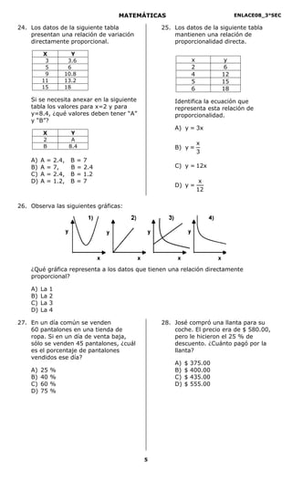 MATEMÁTICAS                             ENLACE08_3°SEC

24. Los datos de la siguiente tabla             25. Los datos de la siguiente tabla
    presentan una relación de variación             mantienen una relación de
    directamente proporcional.                      proporcionalidad directa.

         X              Y
          3           3.6                                    x         y
          5           6                                      2         6
          9          10.8                                    4        12
         11          13.2                                    5        15
         15          18                                      6        18
    Si se necesita anexar en la siguiente           Identifica la ecuación que
    tabla los valores para x=2 y para               representa esta relación de
    y=8.4, ¿qué valores deben tener “A”             proporcionalidad.
    y “B”?
                                                    A) y = 3x
         X                Y
         2                A
                                                                 x
         B               8.4                        B) y =
                                                                 3
    A)   A   =    2.4,   B=7
    B)   A   =    7,     B = 2.4                    C) y = 12x
    C)   A   =    2.4,   B = 1.2
    D)   A   =    1.2,   B=7                                      x
                                                    D) y =
                                                                 12

26. Observa las siguientes gráficas:




    ¿Qué gráfica representa a los datos que tienen una relación directamente
    proporcional?

    A)   La   1
    B)   La   2
    C)   La   3
    D)   La   4

27. En un día común se venden                   28. José compró una llanta para su
    60 pantalones en una tienda de                  coche. El precio era de $ 580.00,
    ropa. Si en un día de venta baja,               pero le hicieron el 25 % de
    sólo se venden 45 pantalones, ¿cuál             descuento. ¿Cuánto pagó por la
    es el porcentaje de pantalones                  llanta?
    vendidos ese día?
                                                    A)   $   375.00
    A)   25   %                                     B)   $   400.00
    B)   40   %                                     C)   $   435.00
    C)   60   %                                     D)   $   555.00
    D)   75   %




                                            5
 