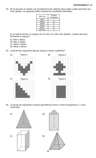 ENLACE(RIEB).3°_11
13
Figura 3 Figura 4
53. En la escuela se realizó una competencia de natación para saber cuáles alumnos son
más rápidos. La siguiente tabla muestra los resultados obtenidos:
Niño (a)
Tiempo
(minutos)
Alan 7
Alicia 11
Jaime 9
Paola 5
Mario 8
Adriana 9
Si se quiere formar un equipo con el niño y la niña más rápidos, ¿cuáles alumnos
formarían el equipo?
A) Alan y Alicia.
B) Alan y Paola.
C) Mario y Alicia.
D) Alicia y Jaime.
54. ¿Cuál de las siguientes figuras ocupa la mayor superficie?
A) B)
C) D)
55. ¿Cuál de los siguientes cuerpos geométricos tiene 4 caras triangulares y 1 cara
cuadrada?
A) B)
C) D)
Figura 1 Figura 2
 