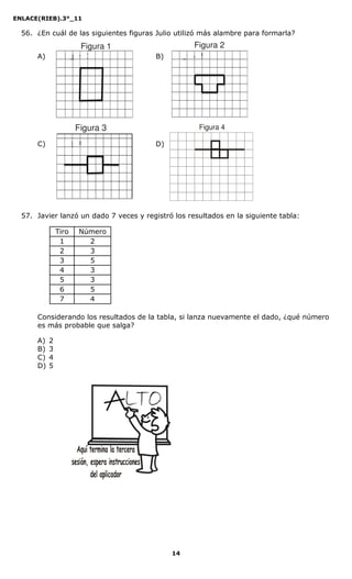 ENLACE(RIEB).3°_11
14
56. ¿En cuál de las siguientes figuras Julio utilizó más alambre para formarla?
A) B)
C) D)
57. Javier lanzó un dado 7 veces y registró los resultados en la siguiente tabla:
Tiro Número
1 2
2 3
3 5
4 3
5 3
6 5
7 4
Considerando los resultados de la tabla, si lanza nuevamente el dado, ¿qué número
es más probable que salga?
A) 2
B) 3
C) 4
D) 5
Figura 1 Figura 2
Figura 3 Figura 4
 
