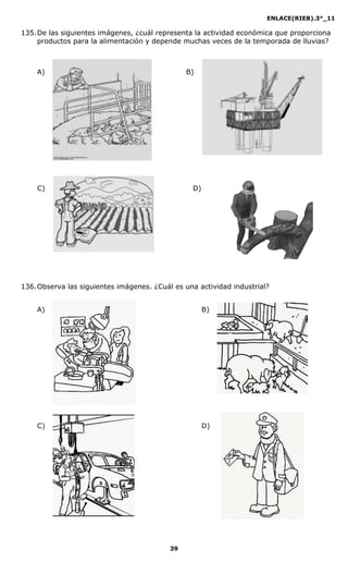 ENLACE(RIEB).3°_11
39
135.De las siguientes imágenes, ¿cuál representa la actividad económica que proporciona
productos para la alimentación y depende muchas veces de la temporada de lluvias?
A) B)
C) D)
136.Observa las siguientes imágenes. ¿Cuál es una actividad industrial?
A) B)
C) D)
 
