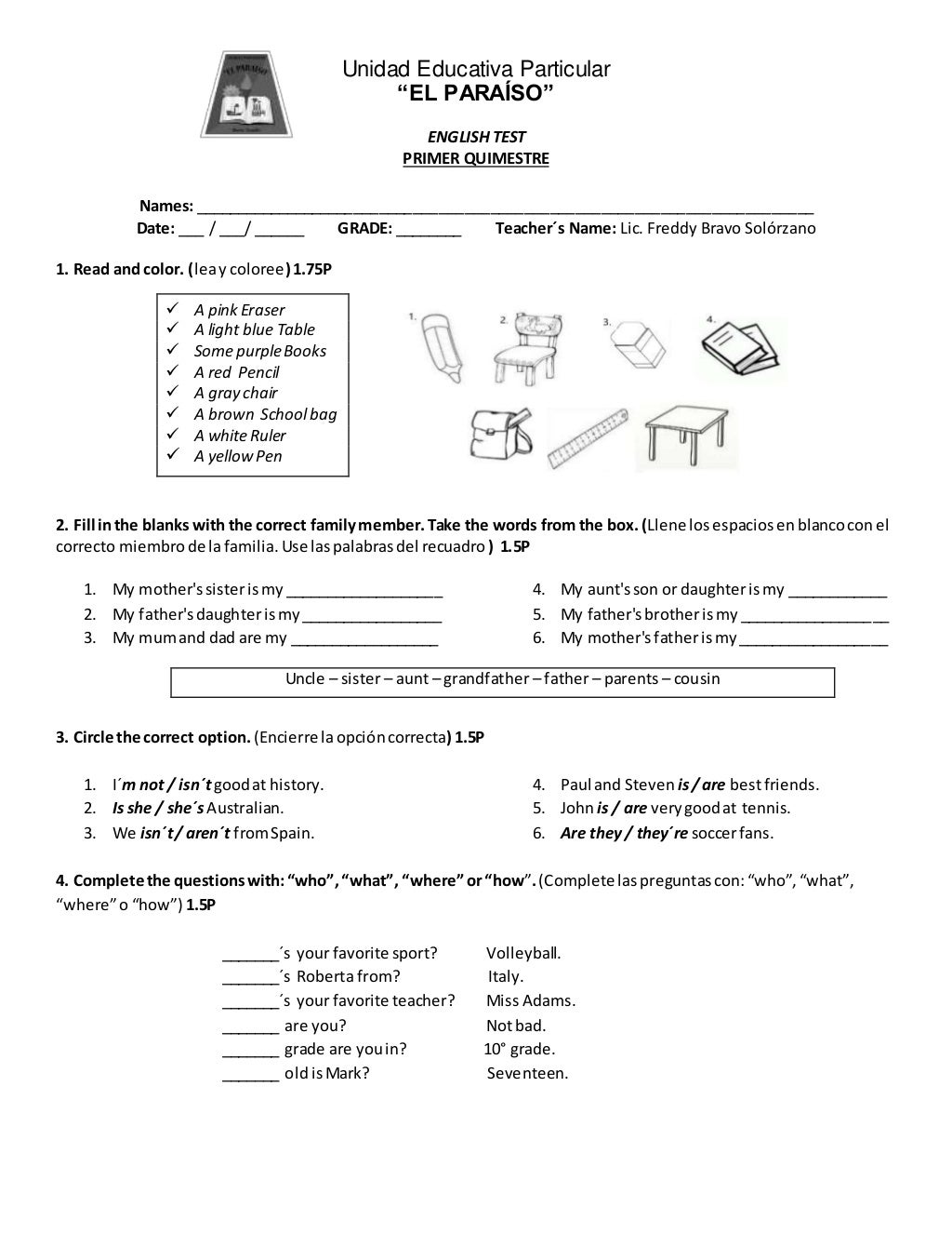MODELOS DE EXAMEN DE INGLES PARA BASICA MODELOS DE EXAMEN DE INGLES PARA BASICA