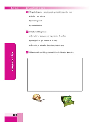 EXÁMENES
160
CUARTOAÑO 13 Después de punto y aparte; punto y seguido se escribe con:
a) La letra que quieras
b) Letra mayúscula
c) Letra minúscula
14 En la ﬁcha bibliográﬁca:
a) Se registran los datos más importantes de un libro
b) Se registra lo que entendí de un libro
c) Se registran todos los libros de un mismo tema
15 Elabora una ﬁcha bibliográﬁca del libro de Ciencias Naturales.
ESPAÑOL/TERCER BIMESTRE
 