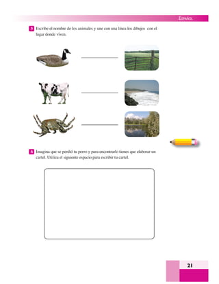 21
ESPAÑOL
5 Escribe el nombre de los animales y une con una línea los dibujos con el
lugar donde viven.
6 Imagina que se perdió tu perro y para encontrarlo tienes que elaborar un
cartel. Utiliza el siguiente espacio para escribir tu cartel.
 