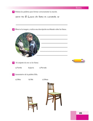 85
ESPAÑOL
9 Ordena las palabras para formar correctamente la oración.
perro tía El Laura de llama mi caramelo. se
10 Observa la imagen y realiza una descripción escribiendo sobre las líneas.
11 Al conjunto de aves se les llama:
a) Familia b) Jauría c) Parvada
12 Aumentativo de la palabra Silla.
a) Sillita b) Silla c) Sillota
 