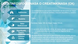 CREATINFOSFOQUINASA O CREATINKINASA (CK)
Definición
Muestra
Valor
Referencial
Significado
Clínico
Utilidad
Clínica
La cretinkinasa es una enzima intracelular, se encuentra en mayor
proporción en el músculo cardiaco, músculo esquelético y cerebro
Suero.
Hombres: Hasta 195 U/L Mujer: Hasta 170 U/L
Un aumento de la actividad sérica, es índice celular. La extensi
ón y gravedad de la lesión determinaran la magnitud de la
elevación
Su especificidad hace que la determinación de los niveles séricos
de esta enzima haya sido profusamente utilizada para evaluar
enfermedades musculares, especialmente el infarto agudo al
miocardio y diversos trastornos del músculo esquelético.
 