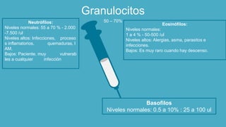 Granulocitos
50 – 70%Neutrófilos:
Niveles normales: 55 a 70 % - 2.000
-7.500 /ul
Niveles altos: Infecciones, proceso
s inflamatorios, quemaduras, I
AM.
Bajos: Paciente. muy vulnerab
les a cualquier infección
Eosinófilos:
Niveles normales:
1 a 4 % - 50-500 /ul
Niveles altos: Alergias, asma, parasitos e
infecciones.
Bajos: Es muy raro cuando hay descenso.
Basofilos
Niveles normales: 0.5 a 10% : 25 a 100 ul
 