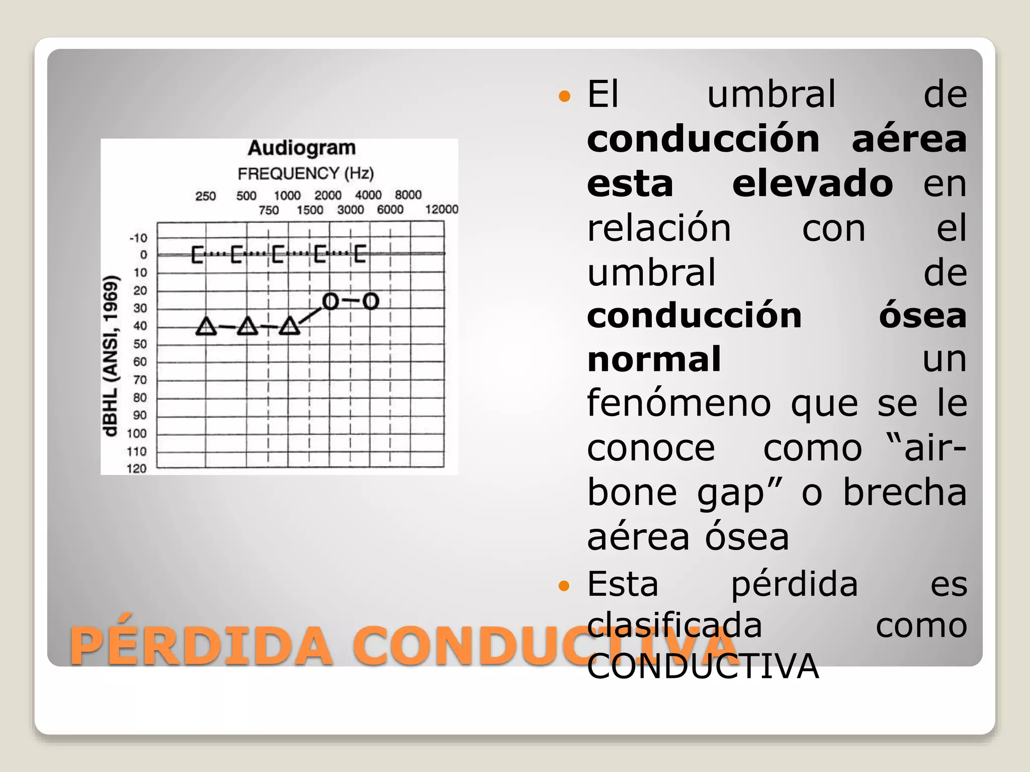 PÉRDIDA CONDUCTIVA
 El umbral de
conducción aérea
esta elevado en
relación con el
umbral de
conducción ósea
normal un
fenómeno que se le
conoce como “air-
bone gap” o brecha
aérea ósea
 Esta pérdida es
clasificada como
CONDUCTIVA
 