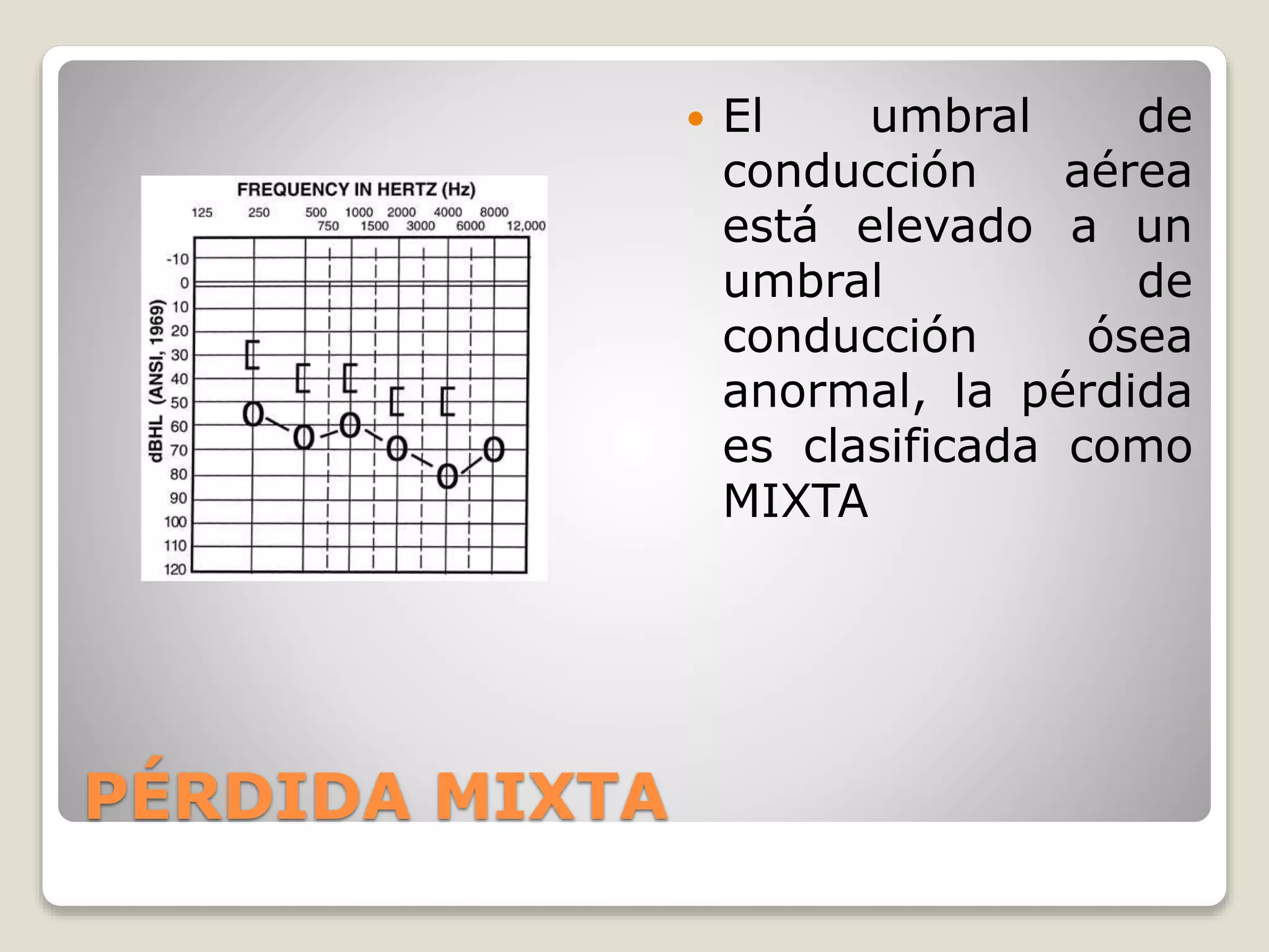 PÉRDIDA MIXTA
 El umbral de
conducción aérea
está elevado a un
umbral de
conducción ósea
anormal, la pérdida
es clasificada como
MIXTA
 