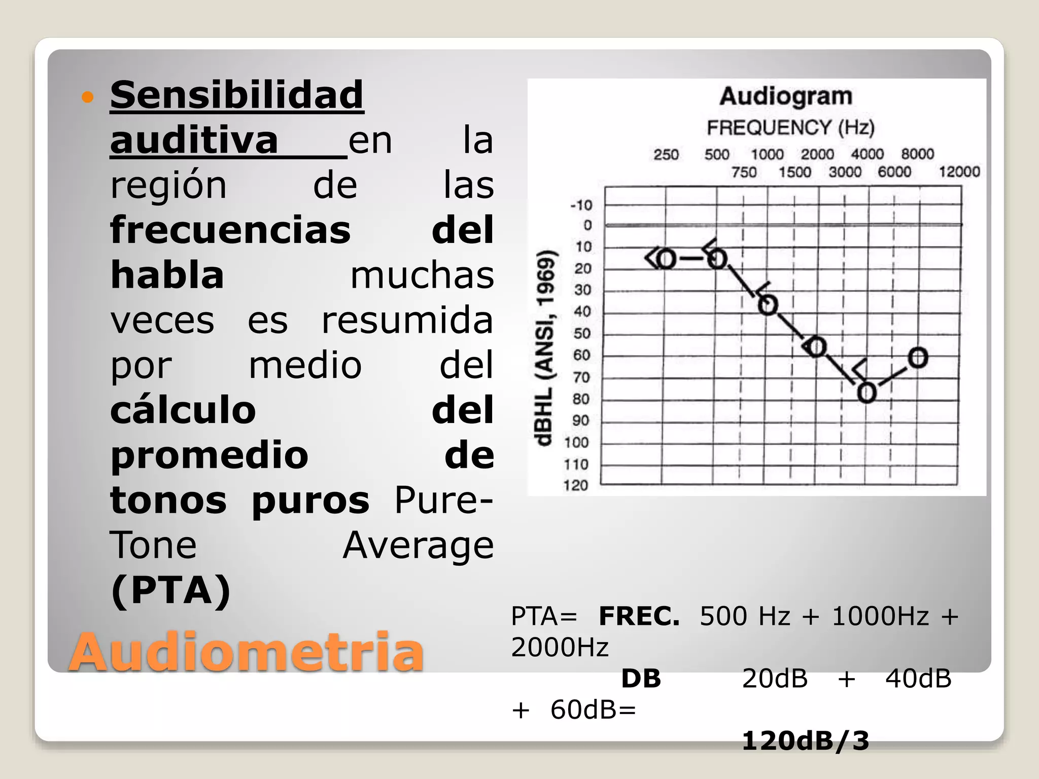 Audiometria
 Sensibilidad
auditiva en la
región de las
frecuencias del
habla muchas
veces es resumida
por medio del
cálculo del
promedio de
tonos puros Pure-
Tone Average
(PTA)
PTA= FREC. 500 Hz + 1000Hz +
2000Hz
DB 20dB + 40dB
+ 60dB=
120dB/3
 