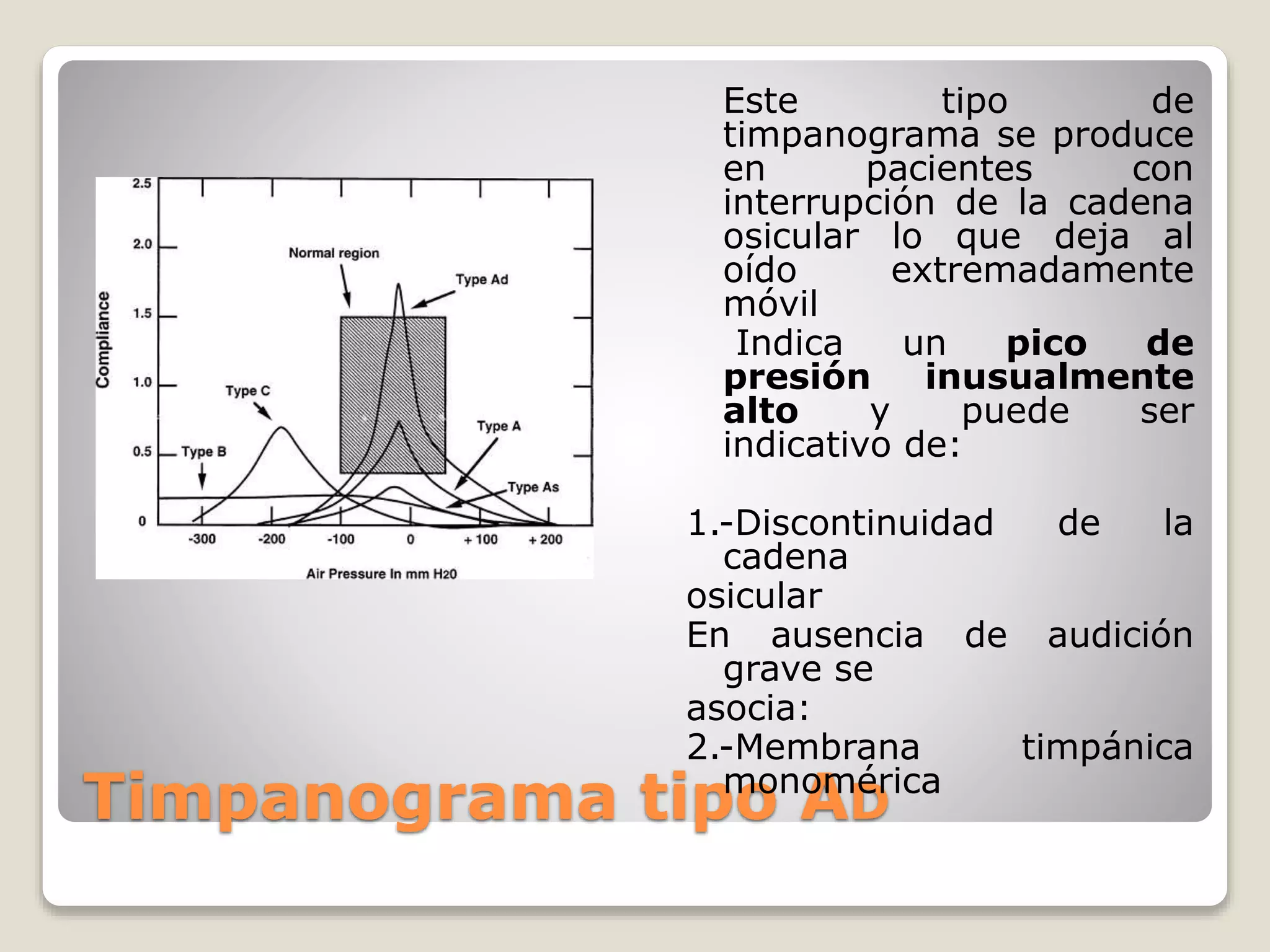 Timpanograma tipo AD
Este tipo de
timpanograma se produce
en pacientes con
interrupción de la cadena
osicular lo que deja al
oído extremadamente
móvil
Indica un pico de
presión inusualmente
alto y puede ser
indicativo de:
1.-Discontinuidad de la
cadena
osicular
En ausencia de audición
grave se
asocia:
2.-Membrana timpánica
monomérica
 