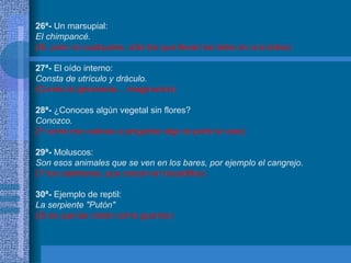 26ª-  Un marsupial: El chimpancé. (Si, pero no cualquiera, sólo los que llevan las tetas en una bolsa) 27ª-  El oído interno: Consta de utrículo y dráculo. (Contra la ignorancia... imaginación) 28ª-  ¿Conoces algún vegetal sin flores? Conozco. (Y como me vuelvas a preguntar algo te parto la cara) 29ª-  Moluscos: Son esos animales que se ven en los bares, por ejemplo el cangrejo. (Y los calamares, que crecen en bocadillos) 30ª-  Ejemplo de reptil: La serpiente "Putón" (Si es que las visten como guarras) 
