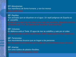 31ª-  Monotremas: Son mamíferos de forma humana, y son los monos. (Que quede claro) 32ª-  Reptiles: Son animales que se disuelven en el agua. Un reptil peligroso de España es  el  cocodrilo. (Al lado de mi casa hay una charca con mazo de cocodrilos, plagaditos estamos en España oye. Y sí, los cabrones se disuelven como aspirinas) 33ª-  Volcanes: En Mallorca está el Teide. El agua de mar se solidifica y sale por el cráter. (Si, ese que esta al lado de los Pirineos. Salen hasta pulpos en las erupciones) 34ª-  Terremotos: Son movimientos bruscos que se tragan a las personas. (No me gustaría encontrarme por la calle con un movimiento brusco de esos) 35ª-  Arterias: Son unos tubitos de plástico flexibles. (Yo ya nací con marcapasos y todo) 