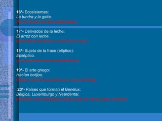 16ª- Ecosistemas:
La tundra y la gaita.
(No te olvides de las castañuelas)
17ª- Derivados de la leche:
El arroz con leche.
(Derivados del arroz, la leche con arroz)
18ª- Sujeto de la frase (elíptico):
Epiléptico.
(y el pronombre tenía el parkinson)
19ª- El arte griego:
Hacían botijos.
(Siglos de Arte resumidos en una puta frase)
20ª- Países que forman el Benelux:
Bélgica, Luxemburgo y Neardental.
(Hombre, los holandeses tienen cara de simios pero no tanto)
 