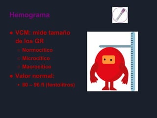 Hemograma
● VCM: mide tamaño
de los GR
○ Normocítico
○ Microcítico
○ Macrocítico
● Valor normal:
• 80 – 96 fl (fentolitros)
 