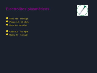 Electrolitos plasmáticos
● Sodio: 138 – 148 mEq/L
● Potasio: 4.0 – 5.0 mEq/L
● Cloro: 98 – 104 mEq/L
● Calcio: 8.6 – 10.3 mg/dl
● fósforo: 2.7 – 4.5 mg/dl
 