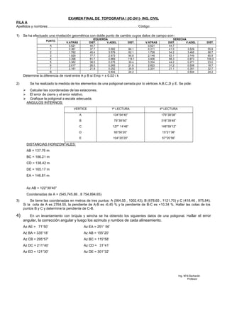 EXAMEN FINAL DE TOPOGRAFIA I (IC-241)- ING. CIVIL
FILA A
Apellidos y nombres:…………………………………………………………………… Código:……………….
1) Se ha efectuado una nivelación geométrica con doble punto de cambio cuyos datos de campo son-:
PUNTO
IZQUIERDA DERECHA
V.ATRÁS DIST. V.ADEL DIST. V.ATRAS DIST. V.ADEL DIST.
A 0.621 44.7 0.621 44.7
1 0.361 37.7 3.582 64.1 0.311 41.5 3.529 55.9
2 1.762 45.4 3.579 62.1 1.728 54.2 3.465 58.7
3 1.929 77.7 2.973 90.8 2.148 83.1 3.149 85.9
4 3.396 61.7 0.969 119.1 3.406 68.3 0.973 109.0
5 3.362 38.5 0.275 30.4 3.334 44.2 0.271 23.0
6 2.617 28.5 0.265 21.6 2.823 31.2 0.508 18.7
7 2.161 21.8 0.252 30.9 2.201 21.1 0.351 32.7
B 0.504 24.2 0.504 24.2
Determine la diferencia de nivel entre A y B si Emp = ± 0.02√ k
2) Se ha realizado la medida de los elementos de una poligonal cerrada por lo vértices A,B,C,D y E. Se pide:
 Calcular las coordenadas de las estaciones.
 El error de cierre y el error relativo.
 Grafique la poligonal a escala adecuada.
ANGULOS INTERNOS:
VERTICE 1ª LECTURA 4ª LECTURA
A
B
C
D
E
134°54’40”
79°39’50”
127° 14’46”
93°50’20”
104°20’20”
179°39’08”
318°39’48”
148°59’12”
15°21’36”
57°20’56”
DISTANCIAS HORIZONTALES:
AB = 137.76 m
BC = 186.21 m
CD = 138.42 m
DE = 165.17 m
EA = 146.81 m
Az AB = 122°30’40”
Coordenadas de A = (545,745.86 , 8 754,894.65)
3) Se tiene las coordenadas en metros de tres puntos: A (564.55 , 1002.43); B (678.65 , 1121.70) y C (418.46 , 975.84).
Si la cota de A es 2764.55, la pendiente de A-B es -6.45 % y la pendiente de B-C es +10.34 %. Hallar las cotas de los
puntos B y C y determine la pendiente de C-B.
4) En un levantamiento con brújula y wincha se ha obtenido los siguientes datos de una poligonal. Hallar el error
angular, la corrección angular y luego los azimuts y rumbos de cada alineamiento.
Az AE = 71°50’ Az EA = 251° 56’
Az BA = 335°18’ Az AB = 155°20’
Az CB = 295°57’ Az BC = 115°58’
Az DC = 211°40’ Az CD = 31°41’
Az ED = 121°30’ Az DE = 301°32’
Ing, M.N.Barbarán
Profesor
 