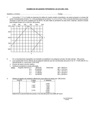 EXAMEN DE APLAZADOS TOPOGRAFIA I (IC-241)-ING. CIVIL
Apellidos y nombres:…………………………………………………………………… Código:……………….
1. Los puntos 1, 2, 3 y 4 están en esquinas de calles de nuestra ciudad universitaria y se quiere proyecar un acceso del
punto 4 empalmando al tramo 1-2.. Si la pendiente de los tramos 1-2, 2-3 y 3-4 es +13% y el punto del tramo que se quiere
proyectar a partir del punto 4 deberá ser de S47ºE. Se pide hallar la pendiente de este tramo. Además, calcule la escala
para dibujar el plano en un ISO A3. (06 puntos)
2. En un levantamiento topográfico con teodolito se estableció una poligonal cerrada. Se pide calcular: (08 puntos)
 Las coordenadas de los vértices de la poligonal sabiendo que las coordenadas del punto A es: E = 8 545 280.43 m y
N=618155.64 m. y el Az A-B = 275º15’35”
 El error de cierre y el error relativo.
 Grafique la poligonal a escala adecuada.
Datos: Angulos internos:A = 36º43’25” Distancias: AB = 189.53 m
B = 215º52’05” BC = 175.18 m
C = 51º40’20” CD = 197.78 m
D = 111º06’30” DE = 142.39 m
E = 124º36’55” EA = 234.58 m
3. Realice el registro de nivelación diferencial cuyos datos de campo son: (06 puntos)
PUNTO V atras V. adelante
A
B
C
D
E
F
G
1.028
1.547
3.385
2.712
2.504
1.273
1.986
1.804
0.097
0.353
Determine la cota de todos los puntos, si la cota del punto E es 2584.38 msnm
Ing, M.N.Barbarán
Profesor
10N
50N
70N
110E
N
90E
N
70E 50E 10N
1
2
3
4
30N
90N
30N
 