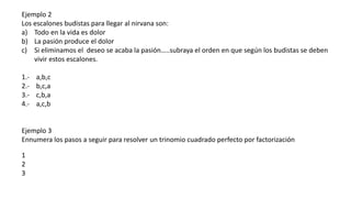 Ejemplo 2
Los escalones budistas para llegar al nirvana son:
a) Todo en la vida es dolor
b) La pasión produce el dolor
c) Si eliminamos el deseo se acaba la pasión…..subraya el orden en que según los budistas se deben
vivir estos escalones.
1.- a,b,c
2.- b,c,a
3.- c,b,a
4.- a,c,b
Ejemplo 3
Ennumera los pasos a seguir para resolver un trinomio cuadrado perfecto por factorización
1. Se extrae la raíz cuadrada del primer y tercer término; en el ejemplo a y b.
2. Se forma un producto de dos factores binomios con la suma de estas raíces; entonces (a + b)(a + b).
3. Este producto es la expresión factorizada (a + b)2.
Si el ejercicio fuera así:
a2 - 2ab + b2 = (a - b)2
1
2
3
 