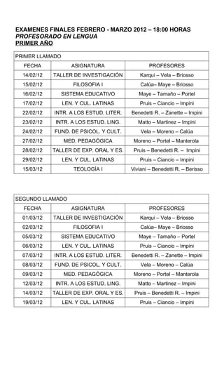 Examenes finales feb   marz 2012 - 1º año lengua y 1° cs polit