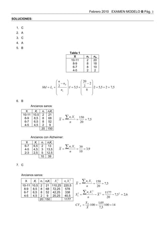 Febrero 2010 EXAMEN MODELO B Pág. 3
SOLUCIONES:
1. C
2. A
3. C
4. A
5. B
Tabla 1
X
10-11
8-9
6-7
4-5

n
 − nd
Md = Li + ...