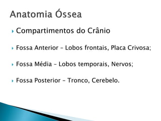    Compartimentos do Crânio

   Fossa Anterior – Lobos frontais, Placa Crivosa;

   Fossa Média – Lobos temporais, Nervos;

   Fossa Posterior – Tronco, Cerebelo.
 