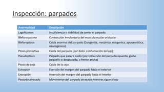 Inspección: parpados
Anormalidad Descripción
Lagoftalmos Insuficiencia o debilidad de cerrar el parpado
Blefarospasmo Contracción involuntaria del musculo ocular orbicular
Blefaroptosis Caída anormal del parpado (Congénita, mecánica, miogenica, aponeurótica,
neurogénico)
Ptosis protectiva Caída del parpado (por dolor o inflamación del ojo)
Pseudoptosis Parpado que parece caído (por retracción del parpado opuesto, globo
pequeño o desplazado, o frente ancha)
Ptosis de ceja Caída de la ceja
Ectropión Eversión del margen del parpado hacia el exterior
Entropión Inversión del margen del parpado hacia el interior
Parpado atrasado Movimiento del parpado atrasado mientras sigue al ojo
 