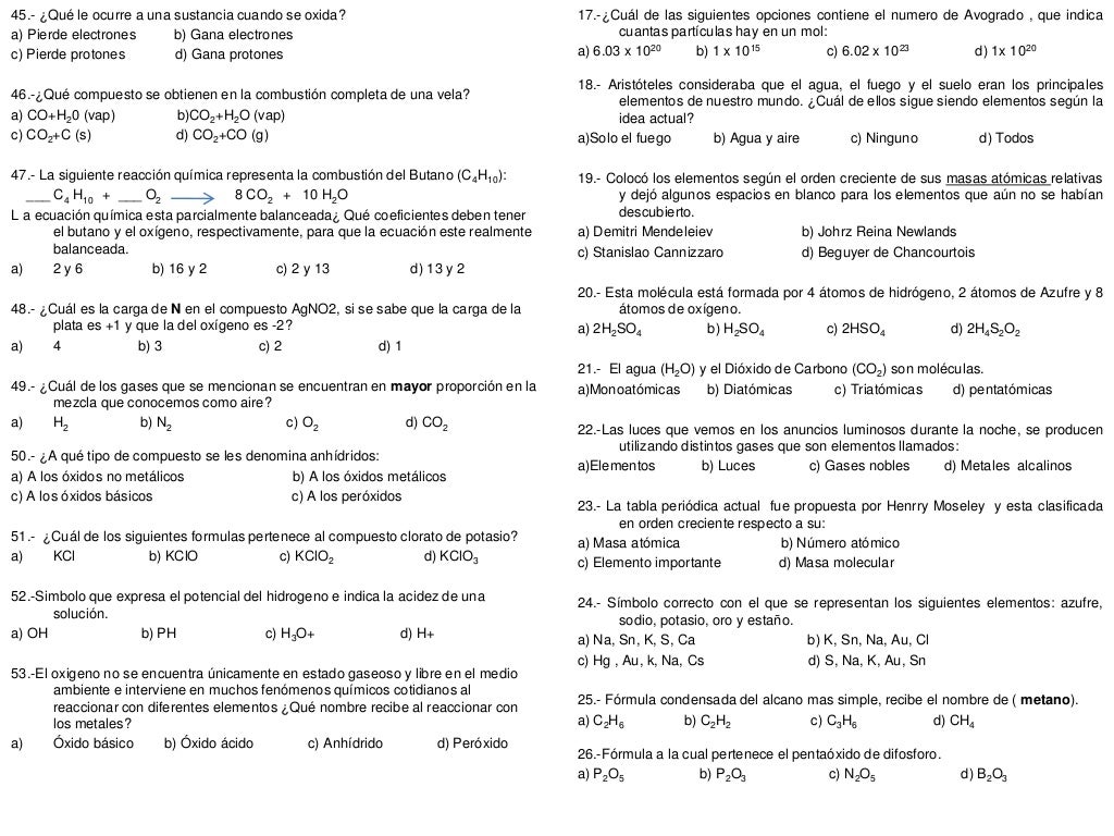 Examen extraordinario de quimica