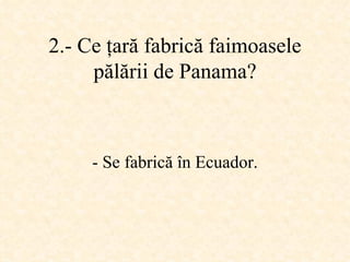 2.-  Ce ţară fabrică faimoasele pălării de Panama ? -  Se fabrică în Ecuador . 