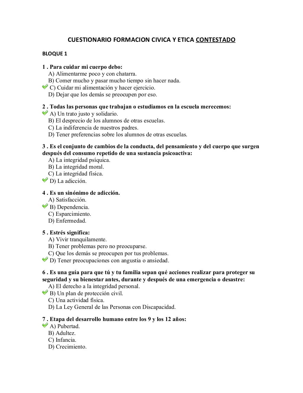 Formación Cívica Y ética 1 Secundaria Contestado Examen de Formación Cívica y Ética CONTESTADO