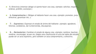 

5.-Directivos (intentan obligar al oyente hacer una cosa, ejemplo: solicitar, requerir ,
ordenar, prohibir, aconsejar.)



6.-Compromisorios (: Obligan al hablante hacer una cosa. ejemplo: prometer, jurar,
ofrecerse, garantizar etc..)



7.- . Expresivos:( Expresan el estado de ánimo del hablante .ejemplo: agradecer,
felicitar, condolerse, dar la bienvenida, disculparse).



8.- . Declaratorios:( Cambian el estado de alguna cosa .ejemplo: nombrar, bautizar,
rendirse, excomulgar, acusar etc.)Según esta clasificación el acto de habla del estudio
puede ser un acto expresivo, pero también un acto compromisorio, o directivo.

 