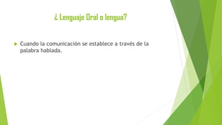 ¿ Lenguaje Oral o lengua?


Cuando la comunicación se establece a través de la
palabra hablada.

 