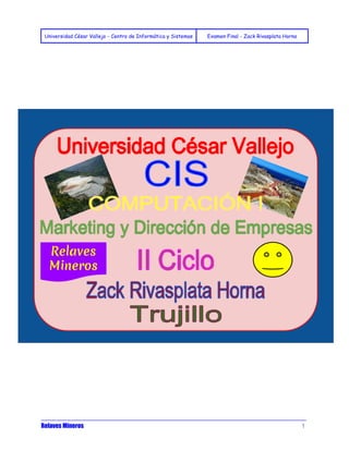 Universidad César Vallejo - Centro de Informática y Sistemas Examen Final - Zack Rivasplata Horna 
____________________________________________________________________________ 
Relaves Mineros 1 
 