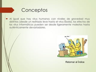 Conceptos 
Aligualquehayvirushumanosconnivelesdegravedadmuydistintos(desdeunresfriadolevehastaelvirusÉbola),losefectosdelosvirusinformáticospuedenserdesdeligeramentemolestoshastaauténticamentedevastadores. 
Retornar al Índice  