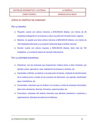 CENTRO DE INFORMÁTICA Y SISTEMAS LA EMPRESA 
COMPUTACIÓN I RONDON LEYVA NELKY 
EL ÉXITO ES PARA TODOS 8 
¿Cómo se clasifican las empresas? 
Por su tamaño: 
● Pequeña: cuenta con activos menores a $100,000.00 dólares, con menos de 20 empleados trabajando en la empresa y cubre una parte del mercado local o regional. 
● Mediana: es aquella que tiene activos menores a $250,000.00 dólares, con menos de 100 empleados laborando y su producto solamente llega al ámbito nacional. 
● Grande: cuenta con activos mayores a $250,000.00 dólares, tiene más de 100 empleados, y su producto abarca el mercado internacional. 
Por su actividad económica: 
● Extractivas: son las empresas que proporcionan materia prima a otras industrias, por ejemplo, pesca, agricultura, caza, explotación de bosques y canteras, etc. 
● Industriales o fabriles: se dedican a la producción de bienes, mediante la transformación de la materia prima a través de los procesos de fabricación, por ejemplo, electricidad, agua, manufactura, etc. 
● Comerciales: empresas que se dedican a la compra y venta de productos terminados, tales como almacenes, librerías, farmacias, supermercados, etc. 
● Financieras: empresas del sistema financiero que efectúan prestamos a personas y organizaciones. Ejemplos de estas son los Bancos.  