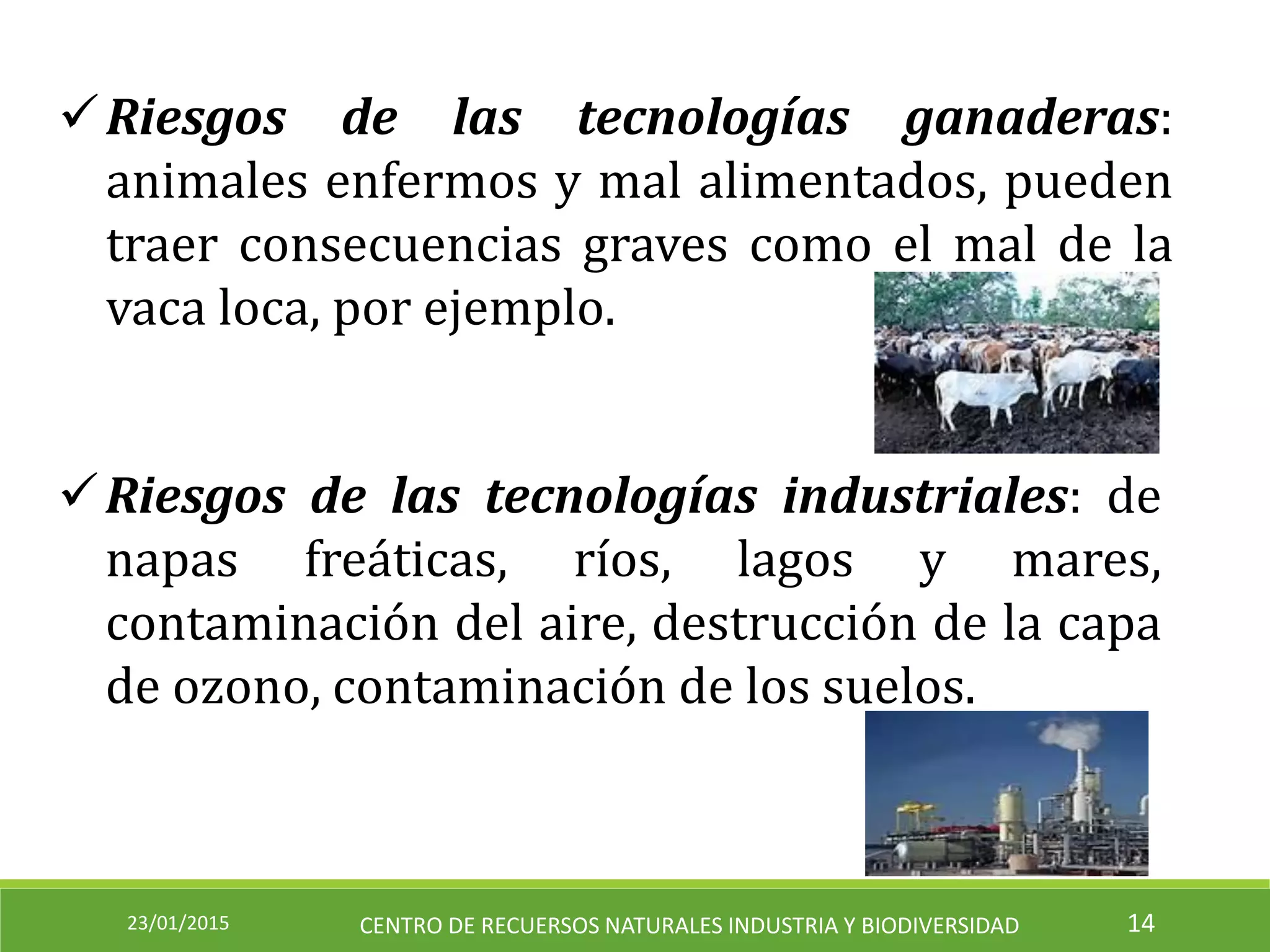 23/01/2015 CENTRO DE RECUERSOS NATURALES INDUSTRIA Y BIODIVERSIDAD 14
Riesgos de las tecnologías ganaderas:
animales enfermos y mal alimentados, pueden
traer consecuencias graves como el mal de la
vaca loca, por ejemplo.
Riesgos de las tecnologías industriales: de
napas freáticas, ríos, lagos y mares,
contaminación del aire, destrucción de la capa
de ozono, contaminación de los suelos.
 