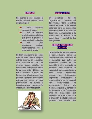 En cuanto a sus causas, el
estrés laboral puede estar
originado por:
Una excesiva
carga de trabajo,
Por un elevado
nivel de responsabilidad
que pone a prueba la
capacidad del individuo
Por unas
relaciones sociales
insatisfactorias en el
puesto de trabajo.
Si bien cualquiera de estos
tres factores puede originar
estrés laboral, en ocasiones
una combinación de los
mismos puede resultar en
situaciones más graves que a
larga son más difíciles de
tratar. Además a estos tres
factores se añaden otros que
pueden generar situaciones
estresantes, como la mala
planificación de turnos u
horarios o una remuneración
inadecuada del trabajador.
En palabras de la
Organización Internacional
del Trabajo (OIT), el estrés
laboral es una “enfermedad
peligrosa para las economías
industrializadas y en vías de
desarrollo; perjudicando a la
producción, al afectar a la
salud física y mental de los
trabajadores”
La mayoría de autores define
el estrés laboral como un
conjunto de reacciones físicas
y mentales que sufre un
empleado cuando se ve
sometido a diversos factores
externos, que superan su
capacidad para enfrentarse a
ellos. Estas reacciones
pueden ser fisiológicas,
cognitivas, conductuales o
emocionales y por lo general
van acompañadas de
agotamiento físico y/o
mental, angustia y sensación
de impotencia o frustración
ante la incapacidad del
individuo para hacer frente a
la situación o situaciones que
generan ese estrés. Un
 