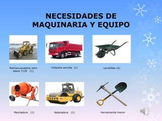 NECESIDADES DE
MAQUINARIA Y EQUIPO
Retroexcavadora John
deere 7120 (1)
Volqueta sencilla (1) carretillas (4)
Mezcladora (1) Aplanadora (1) Herramienta menor
 