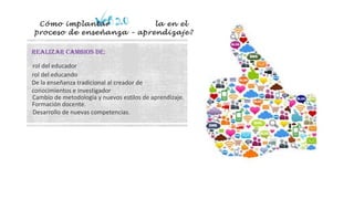 Cómo implantar la en el
proceso de enseñanza – aprendizaje?
RealizaR cambios de:
rol del educador
rol del educando
De la enseñanza tradicional al creador de
conocimientos e investigador
Cambio de metodología y nuevos estilos de aprendizaje.
Formación docente.
Desarrollo de nuevas competencias.
 